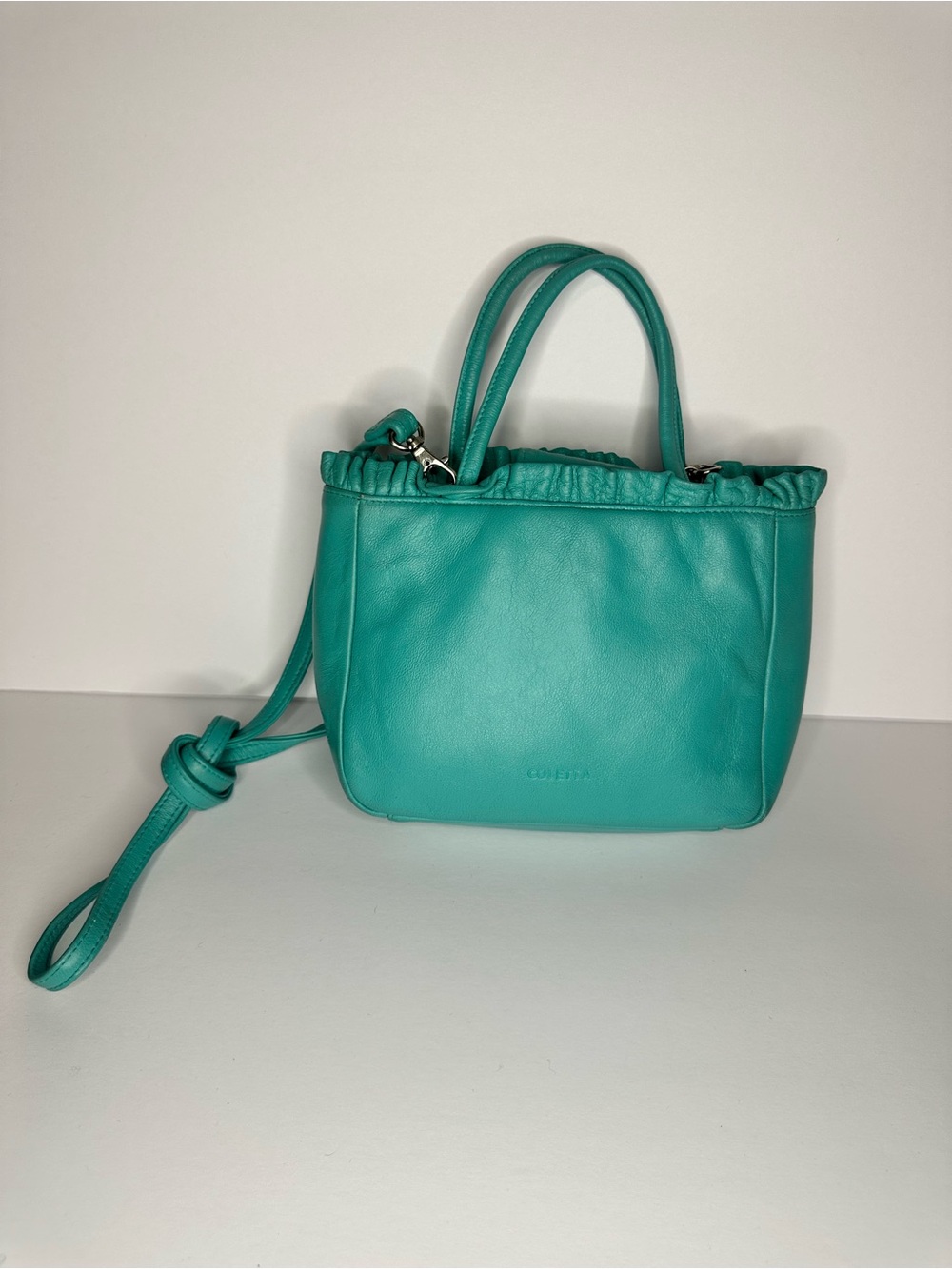 Teal Genuine Leather Handbag by Coletta, Ruffle Top, Coin Pouch